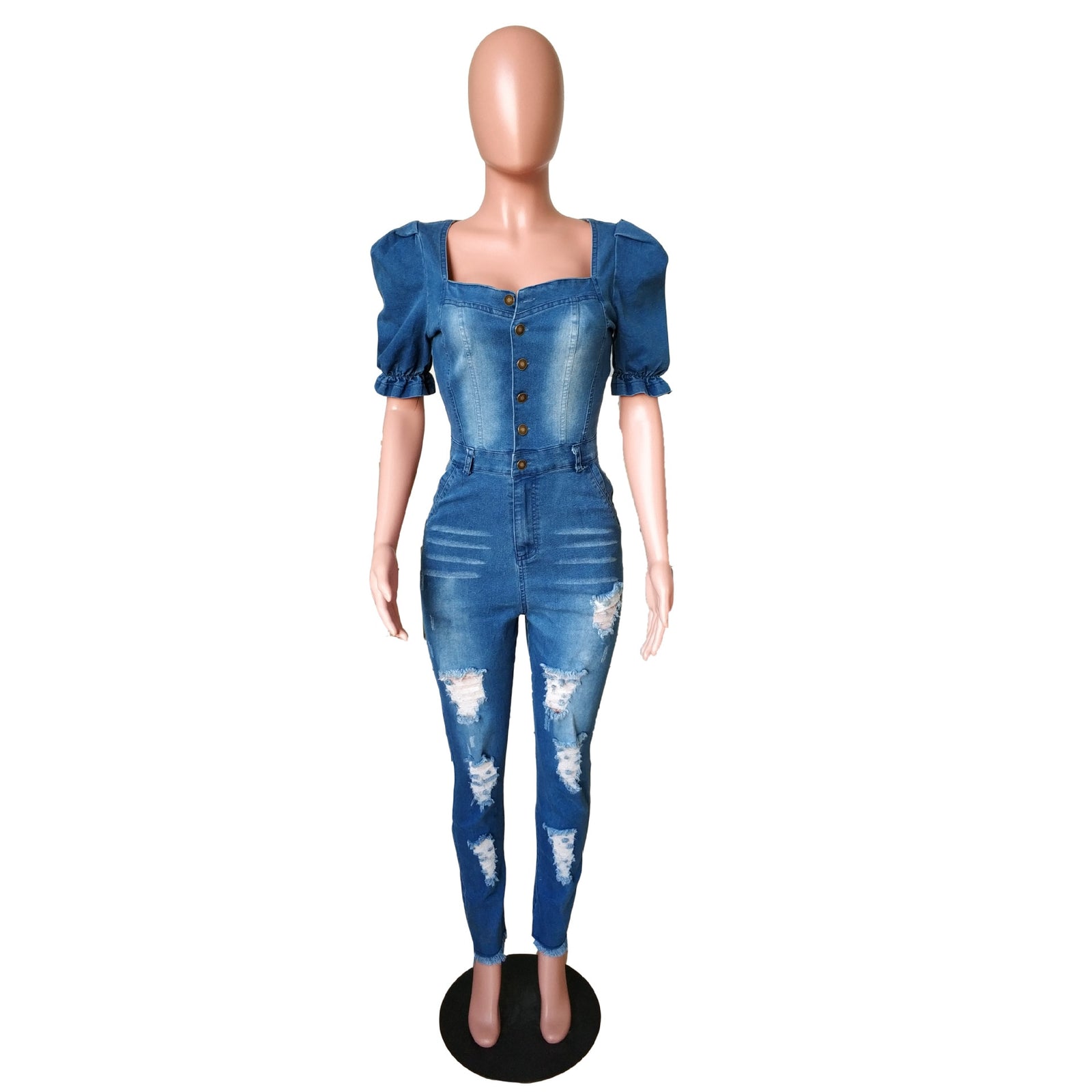Button Square Neck Denim Jumpsuit - Fashion Damsel