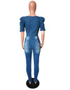 Button Square Neck Denim Jumpsuit - Fashion Damsel