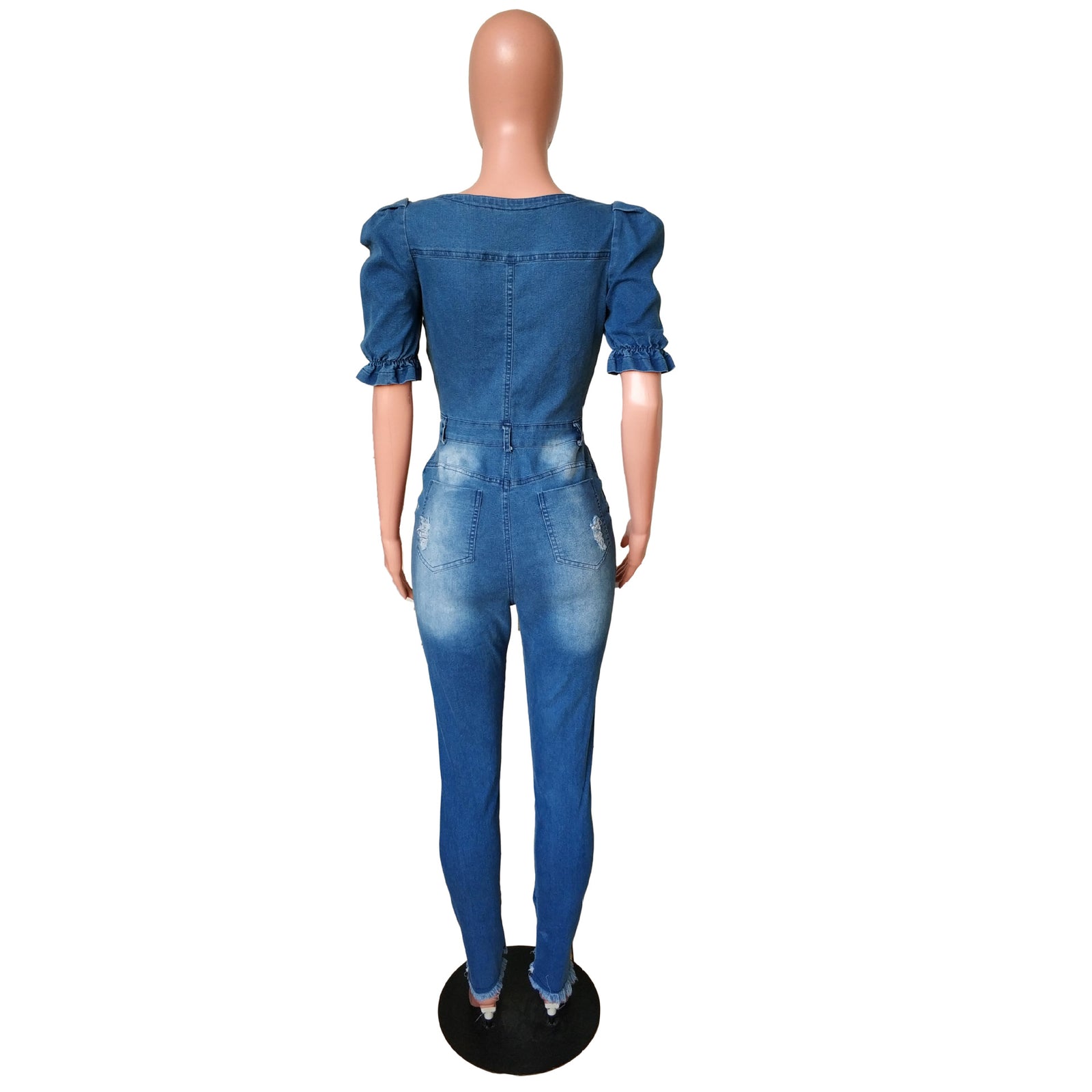 Button Square Neck Denim Jumpsuit - Fashion Damsel