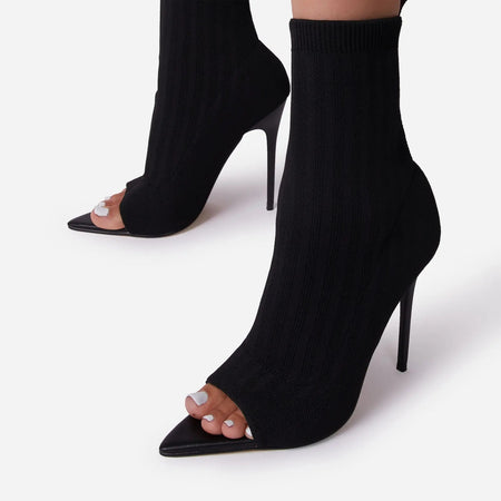 Ladies Tight Sock Peep Toe High Heel Ankle Boots
