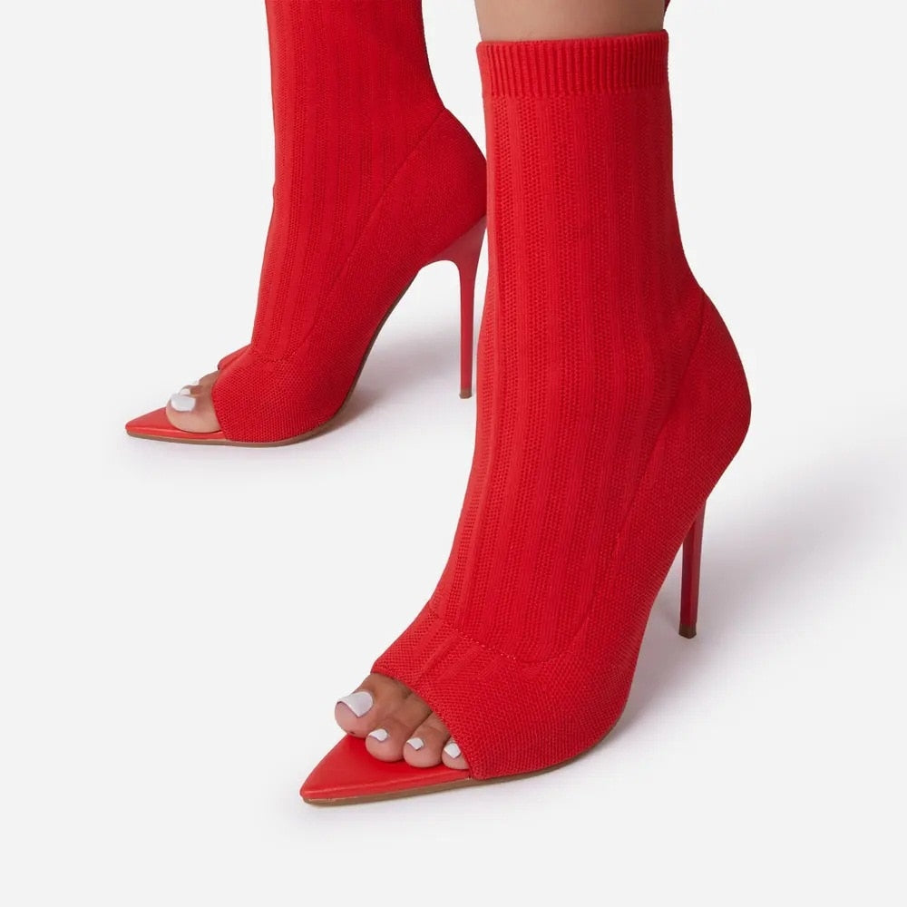 Ladies Tight Sock Peep Toe High Heel Ankle Boots