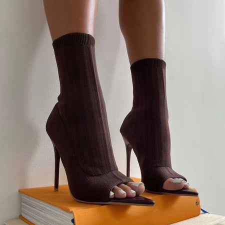 Ladies Tight Sock Peep Toe High Heel Ankle Boots