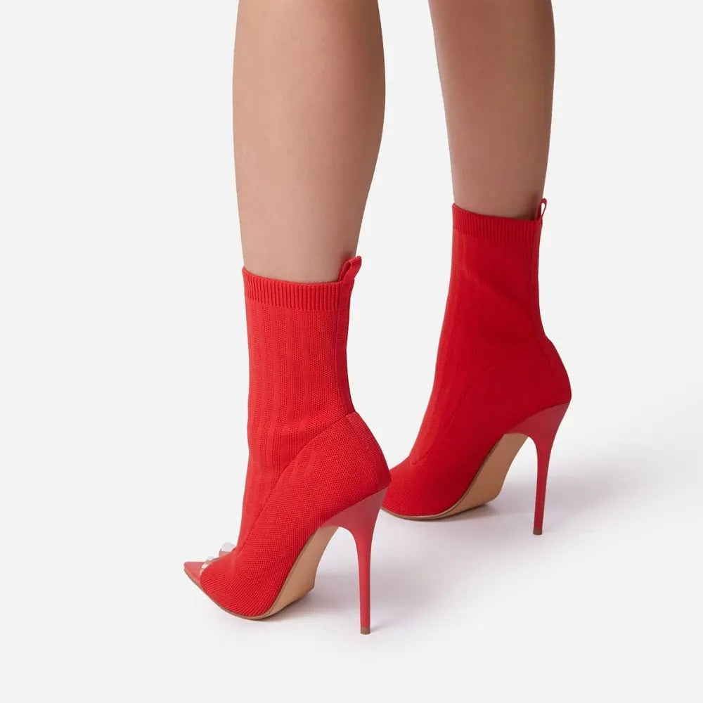 Ladies Tight Sock Peep Toe High Heel Ankle Boots