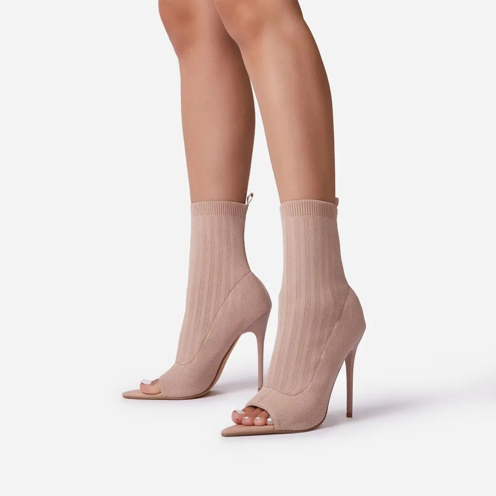 Ladies Tight Sock Peep Toe High Heel Ankle Boots
