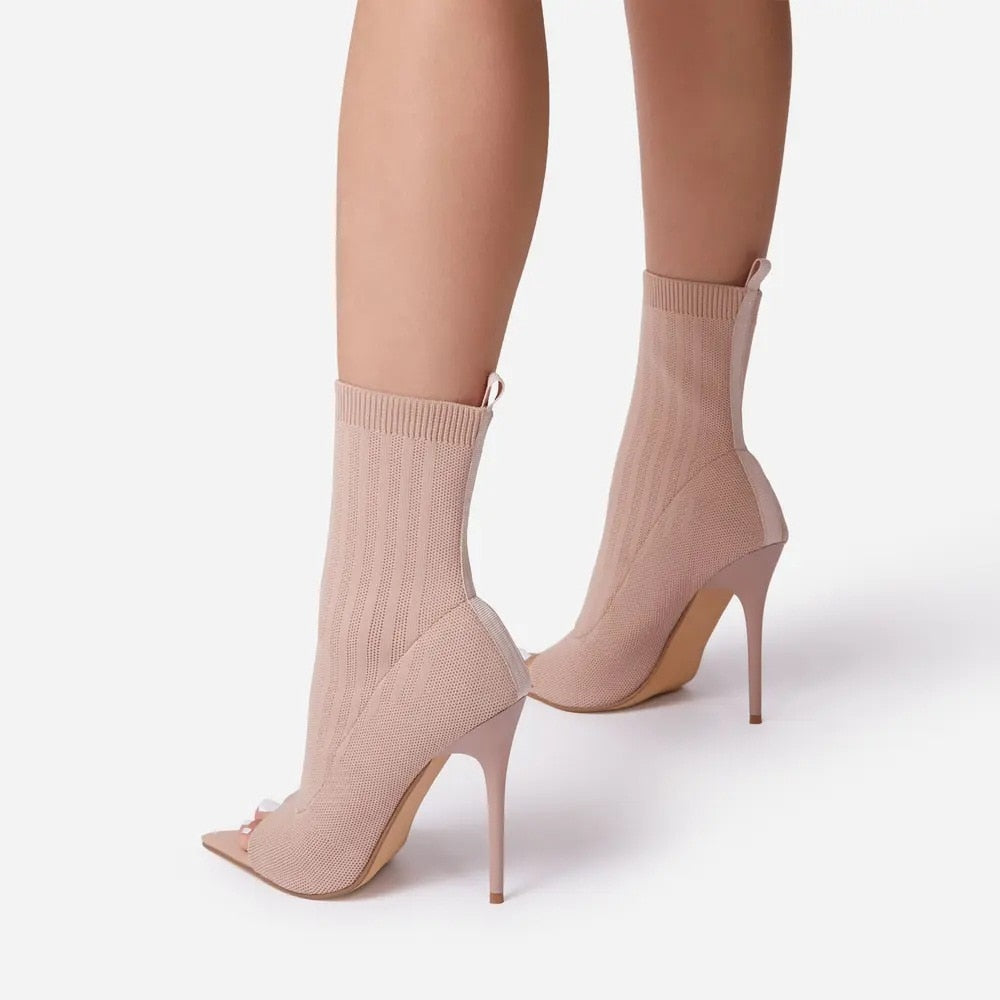Ladies Tight Sock Peep Toe High Heel Ankle Boots
