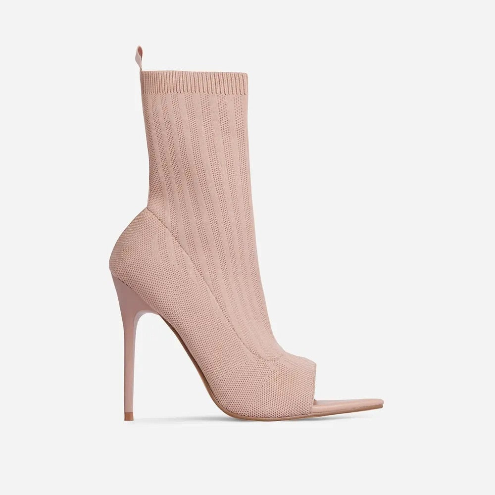 Ladies Tight Sock Peep Toe High Heel Ankle Boots