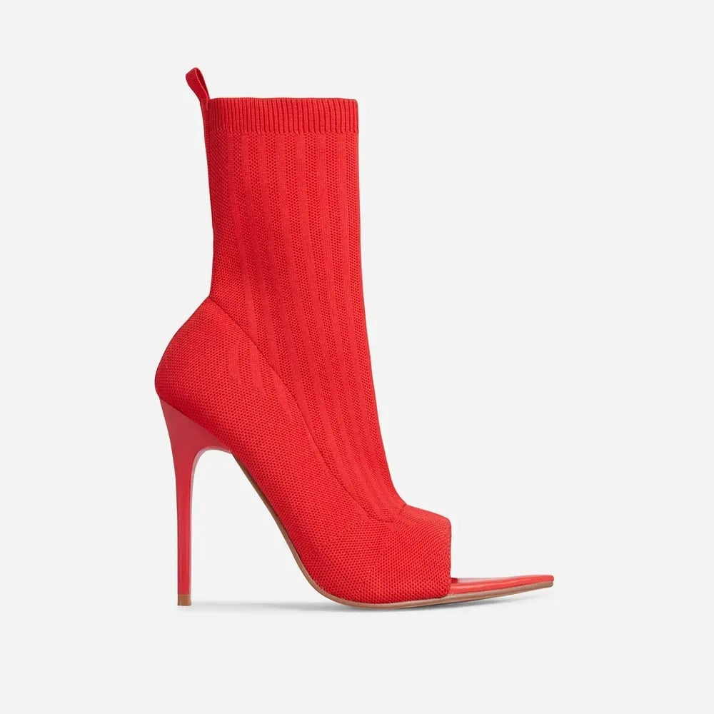 Ladies Tight Sock Peep Toe High Heel Ankle Boots