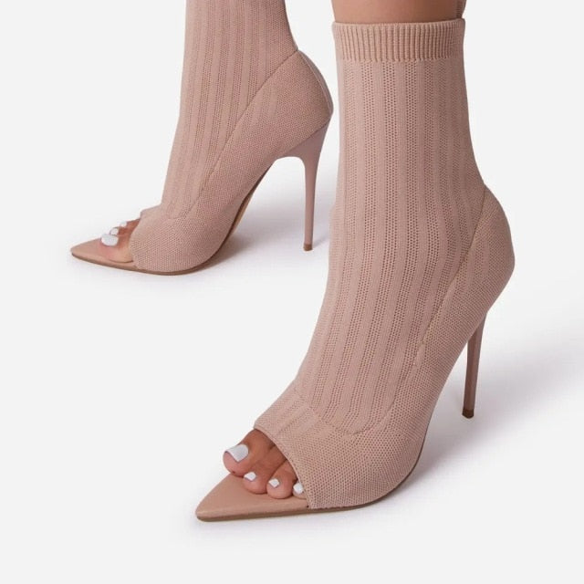 Ladies Tight Sock Peep Toe High Heel Ankle Boots
