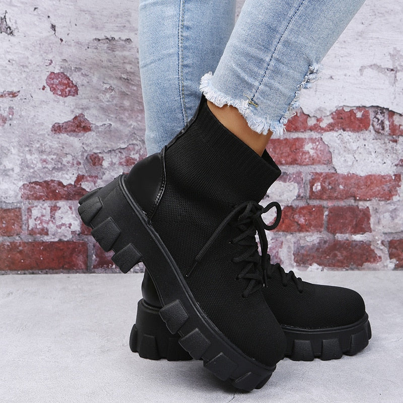Platform Lace-Up Elastic Breathable Boots