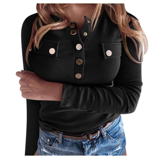 V-Neck Fashion Buttons Blouse Pullover