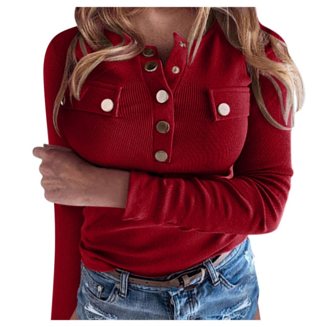 V-Neck Fashion Buttons Blouse Pullover