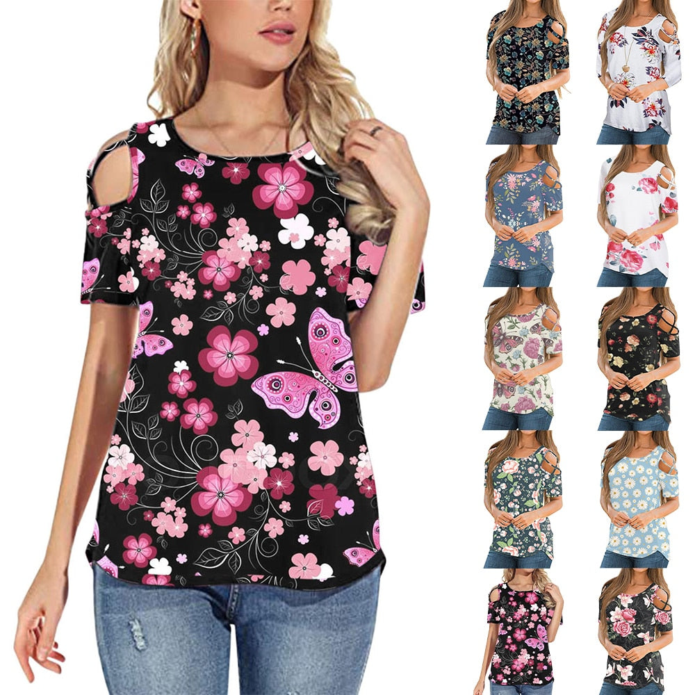 Flower Printed Short-Sleeved Off-The-Shoulder Blouse