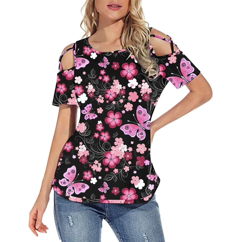 Flower Printed Short-Sleeved Off-The-Shoulder Blouse
