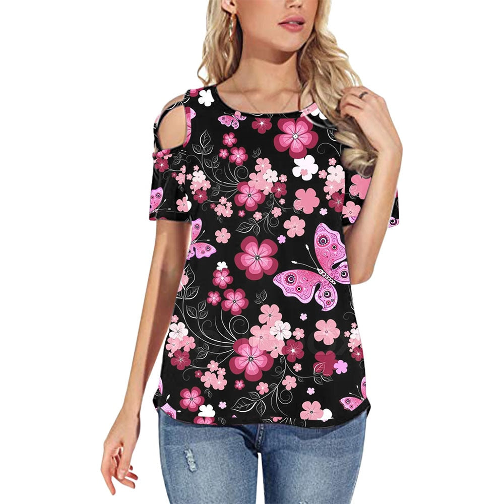 Flower Printed Short-Sleeved Off-The-Shoulder Blouse