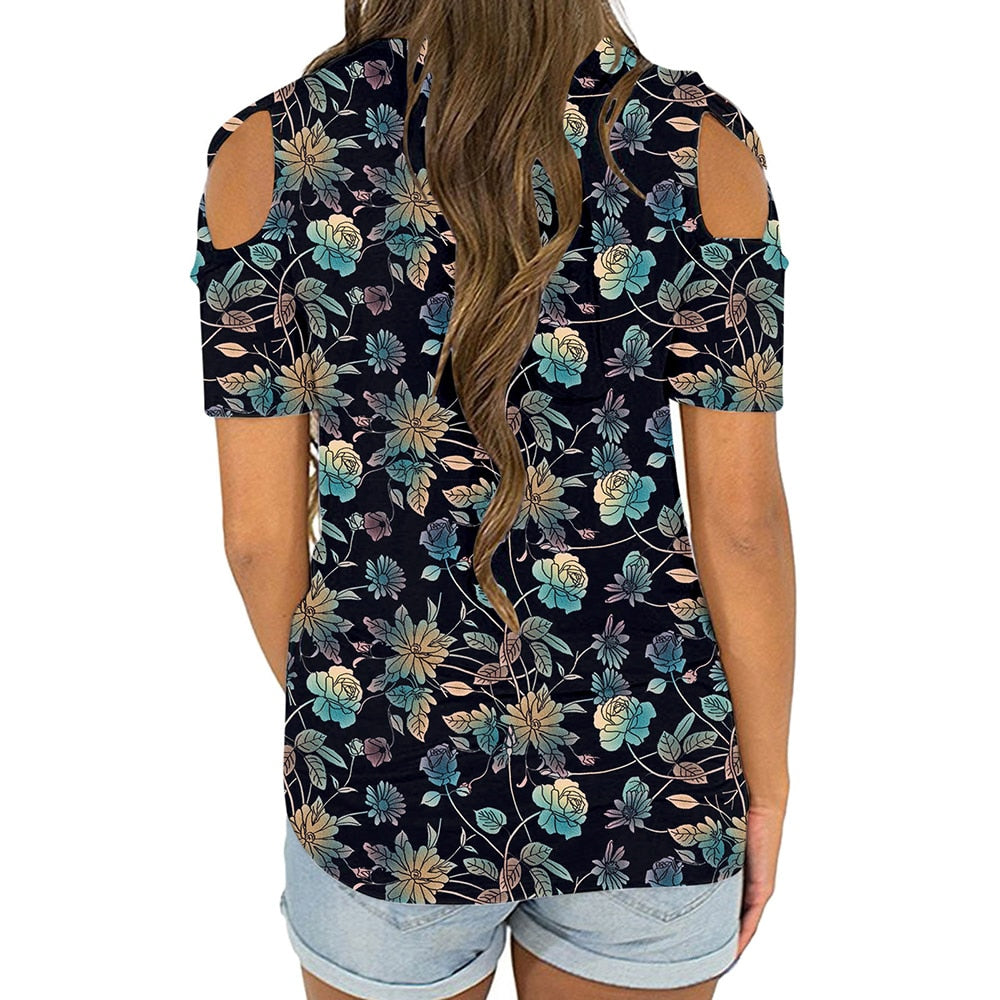 Flower Printed Short-Sleeved Off-The-Shoulder Blouse