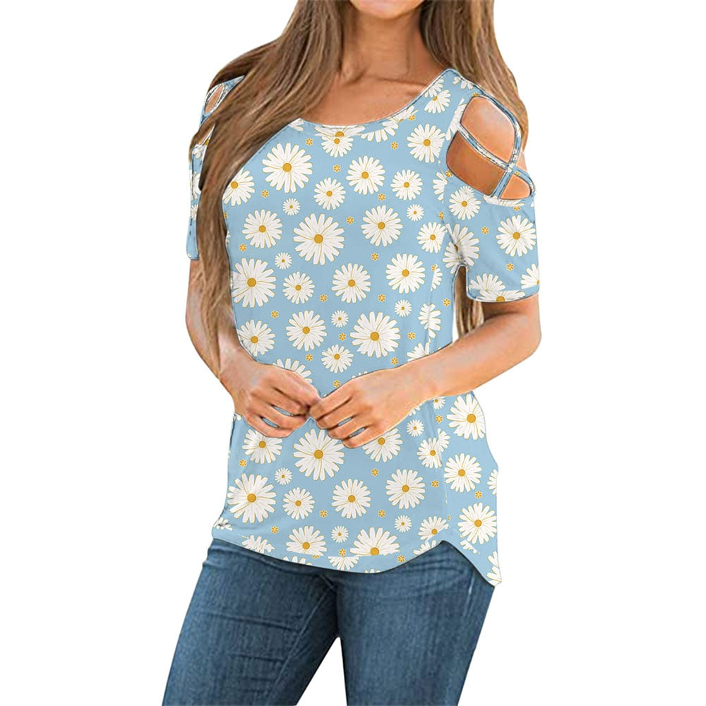 Flower Printed Short-Sleeved Off-The-Shoulder Blouse