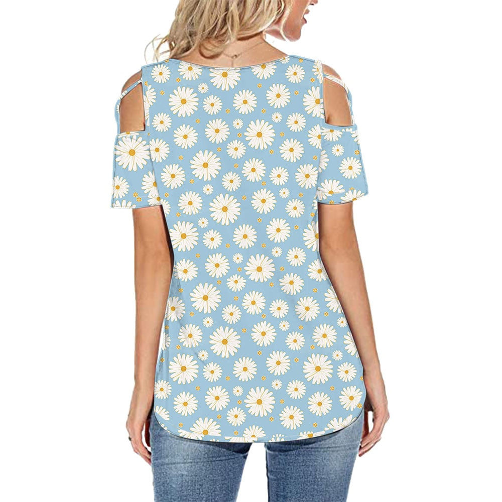 Flower Printed Short-Sleeved Off-The-Shoulder Blouse