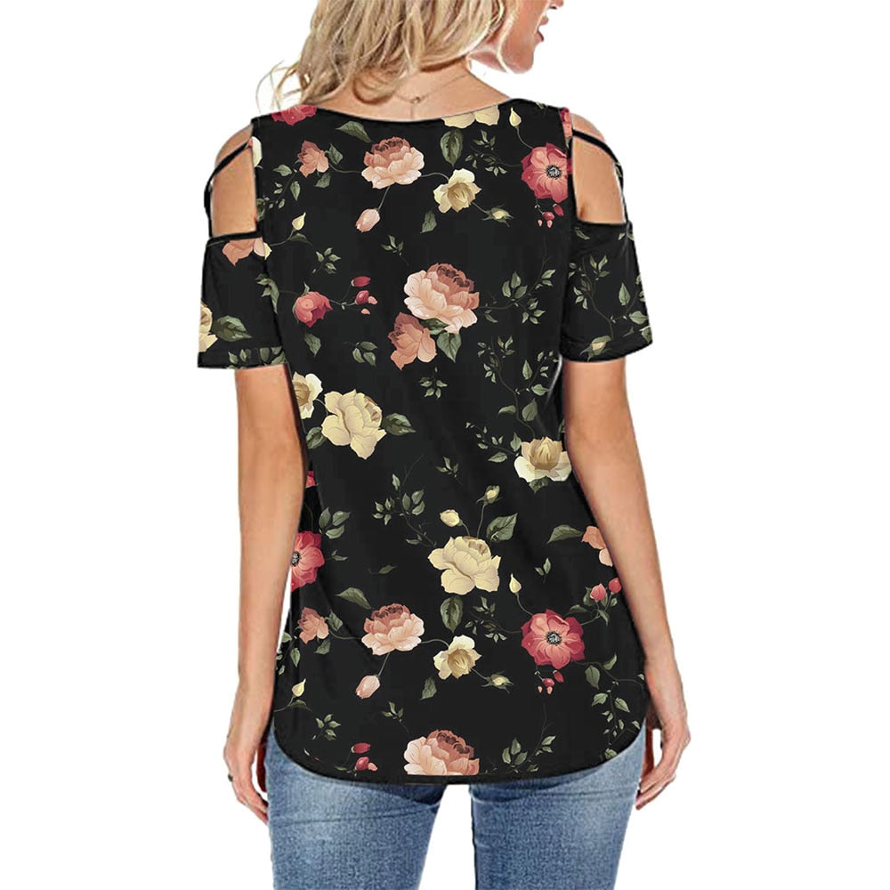 Flower Printed Short-Sleeved Off-The-Shoulder Blouse