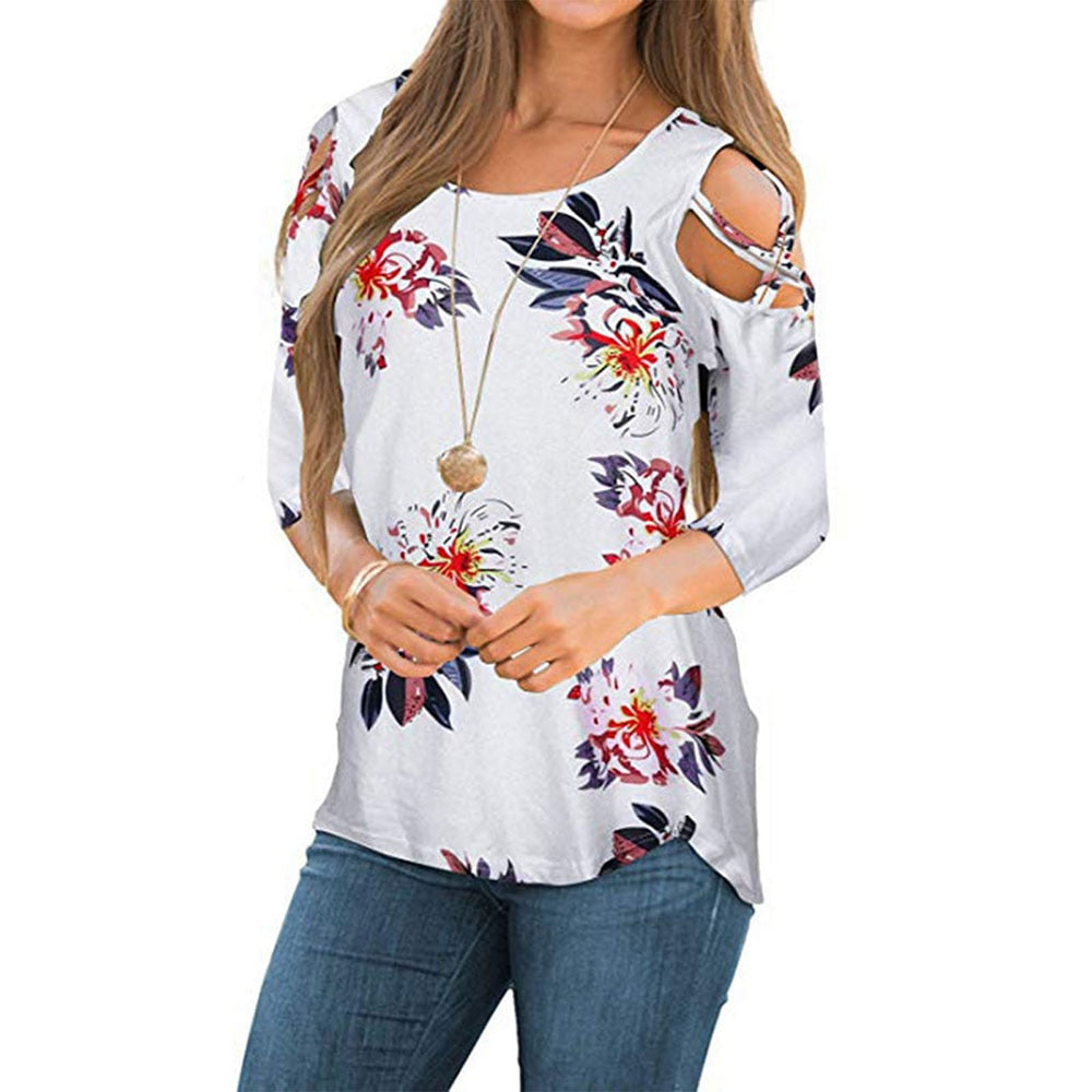 Flower Printed Short-Sleeved Off-The-Shoulder Blouse