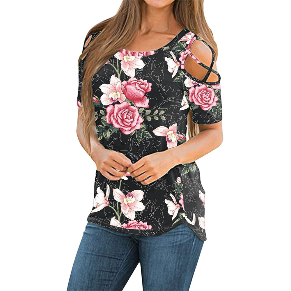 Flower Printed Short-Sleeved Off-The-Shoulder Blouse