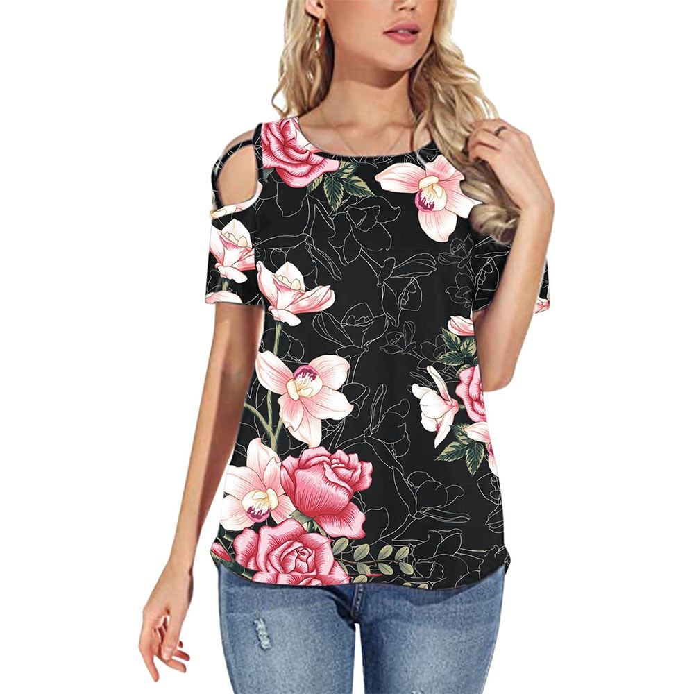 Flower Printed Short-Sleeved Off-The-Shoulder Blouse
