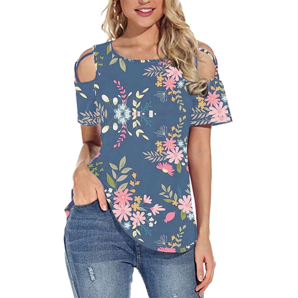 Flower Printed Short-Sleeved Off-The-Shoulder Blouse