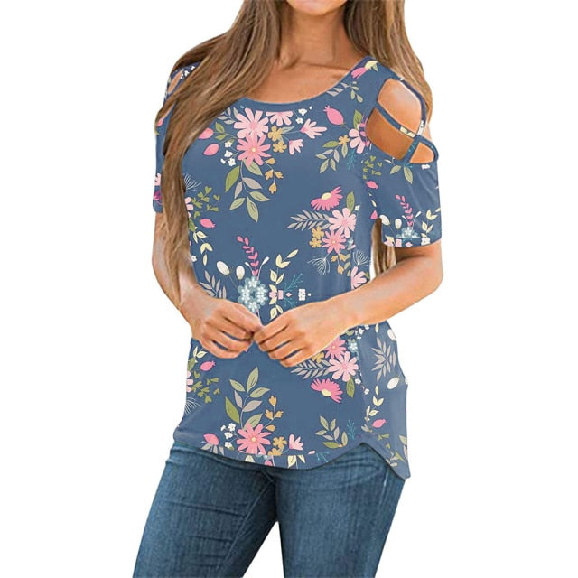 Flower Printed Short-Sleeved Off-The-Shoulder Blouse