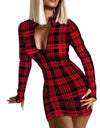 Red Plaid Long Sleeve Sheath V Neck Hip Pullover