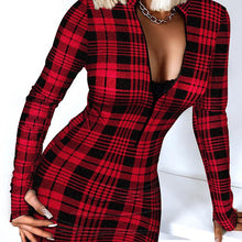 Load image into Gallery viewer, Red Plaid Long Sleeve Sheath V Neck Hip Pullover
