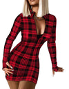 Red Plaid Long Sleeve Sheath V Neck Hip Pullover