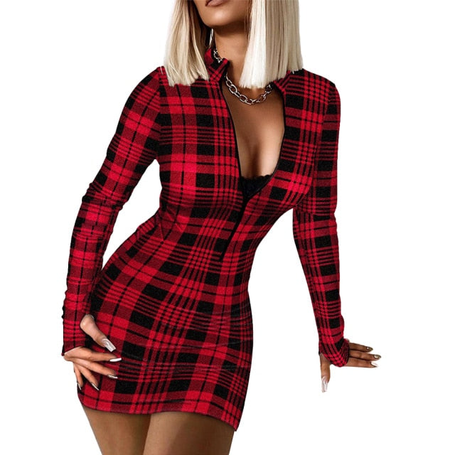 Red Plaid Long Sleeve Sheath V Neck Hip Pullover