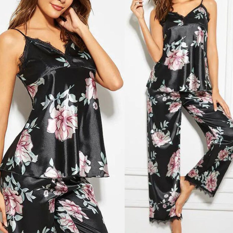Ladies Sleeveless Black Lace Floral Nightwear Pajamas Set
