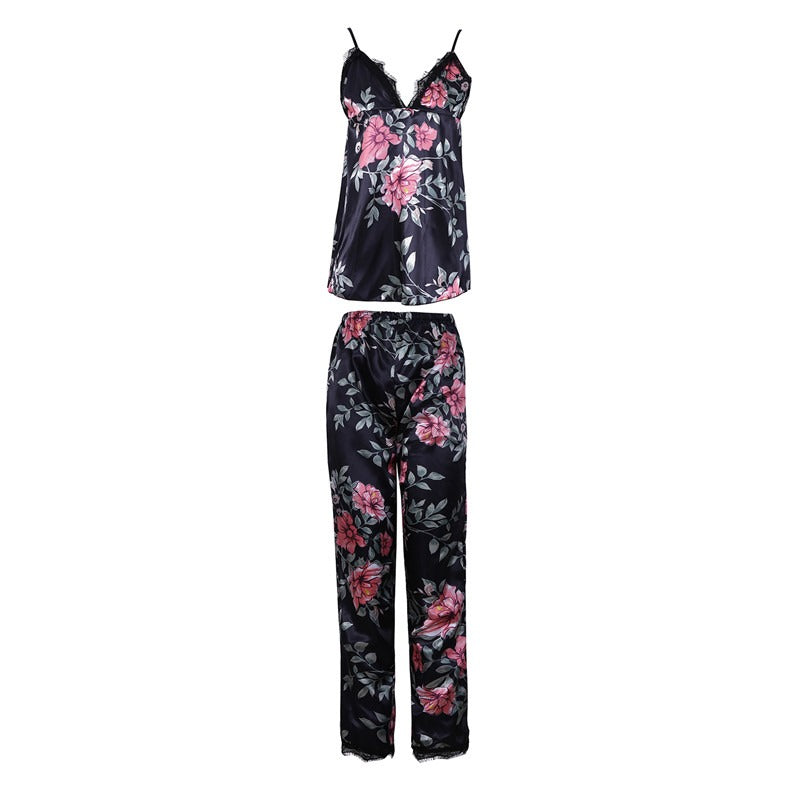 Ladies Sleeveless Black Lace Floral Nightwear Pajamas Set