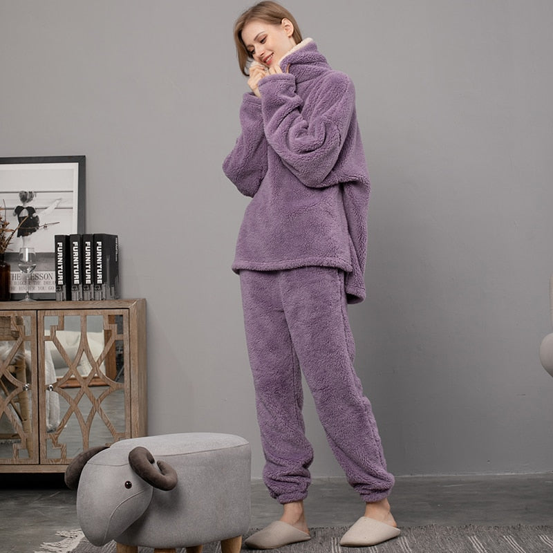 Winter Warm Velvet Purple Pajama Set for Women 100% Flannel