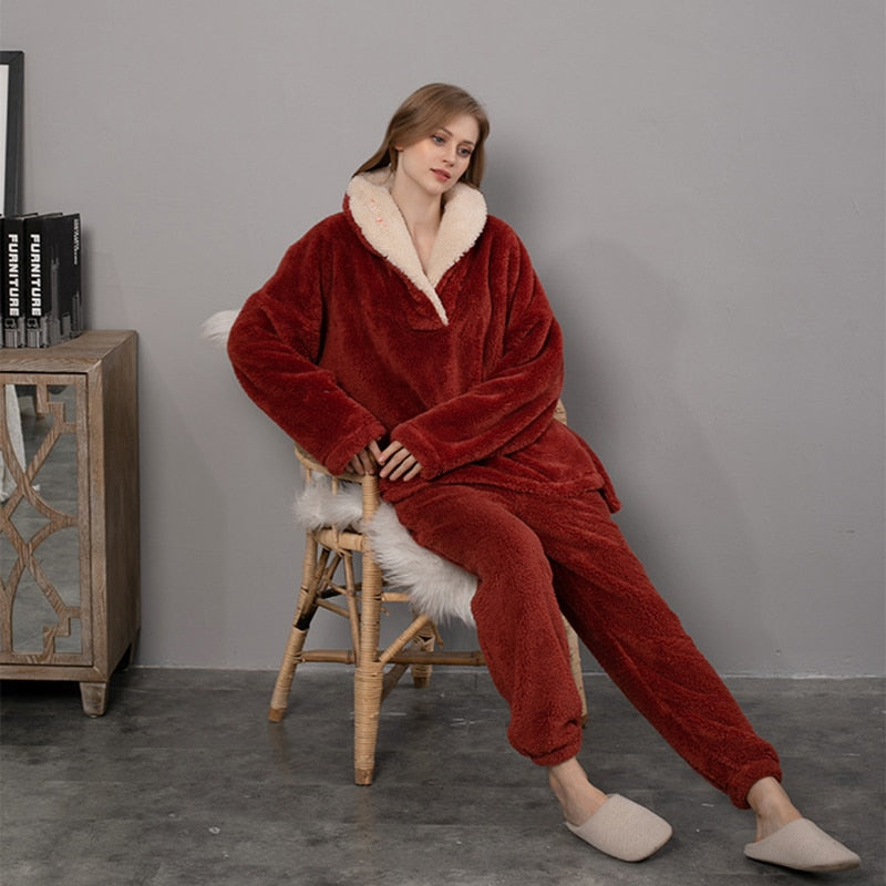 Winter Warm Velvet Purple Pajama Set for Women 100% Flannel