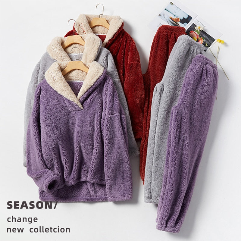 Winter Warm Velvet Purple Pajama Set for Women 100% Flannel