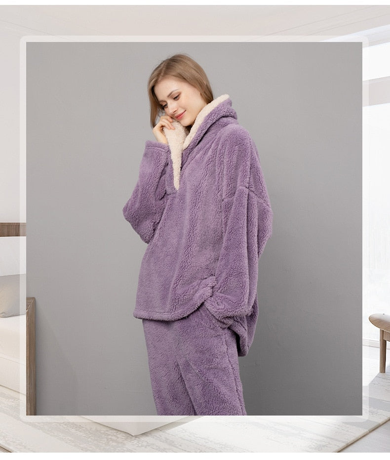 Winter Warm Velvet Purple Pajama Set for Women 100% Flannel