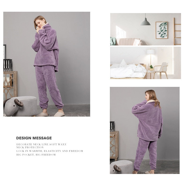 Winter Warm Velvet Purple Pajama Set for Women 100% Flannel