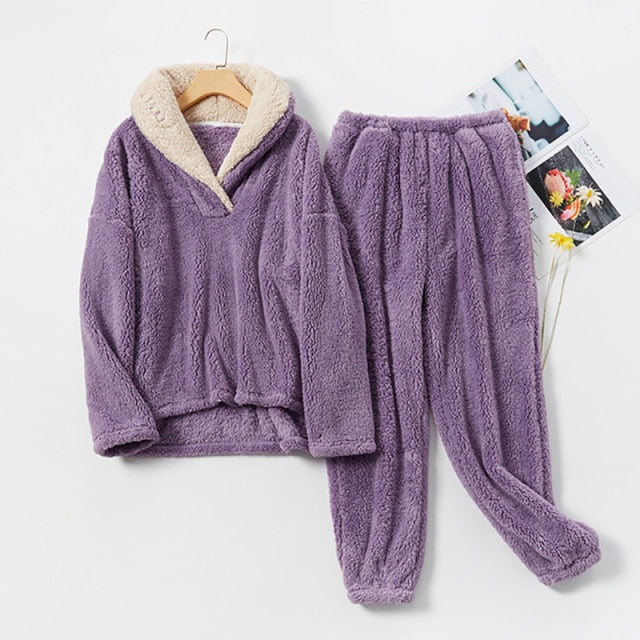 Winter Warm Velvet Purple Pajama Set for Women 100% Flannel