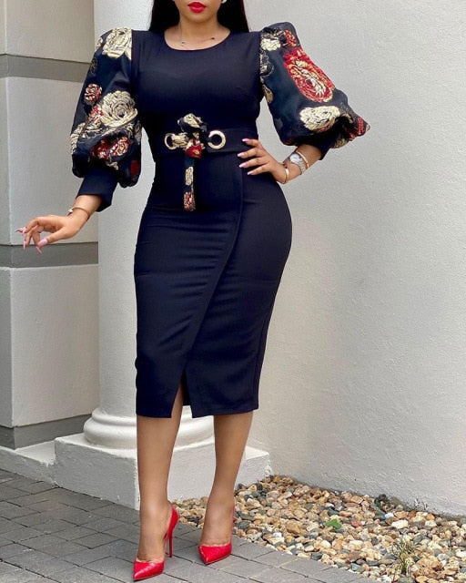 Elegant O Neck Three-Quarter High Waist Dress