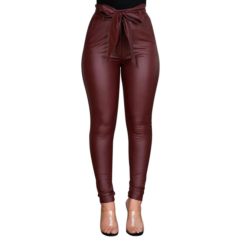 High Waist Leather Leggings With Bow Sashes
