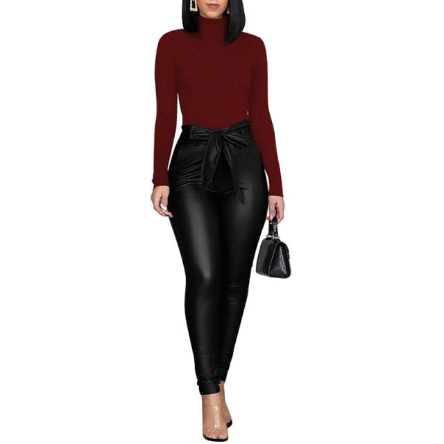 High Waist Leather Leggings With Bow Sashes