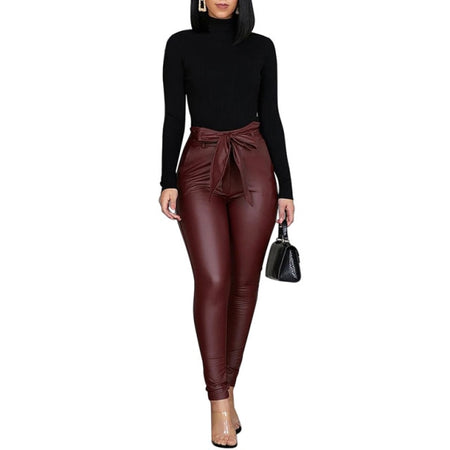 High Waist Leather Leggings With Bow Sashes