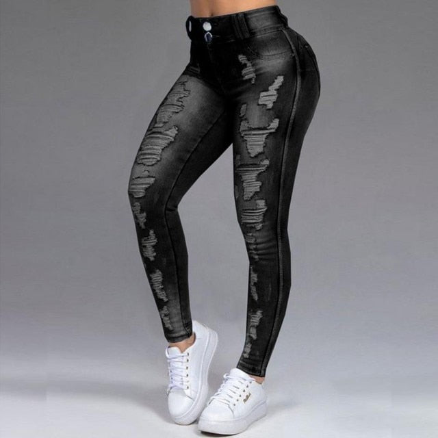 Mid-Waist Ripped Pencil Denim Jeans