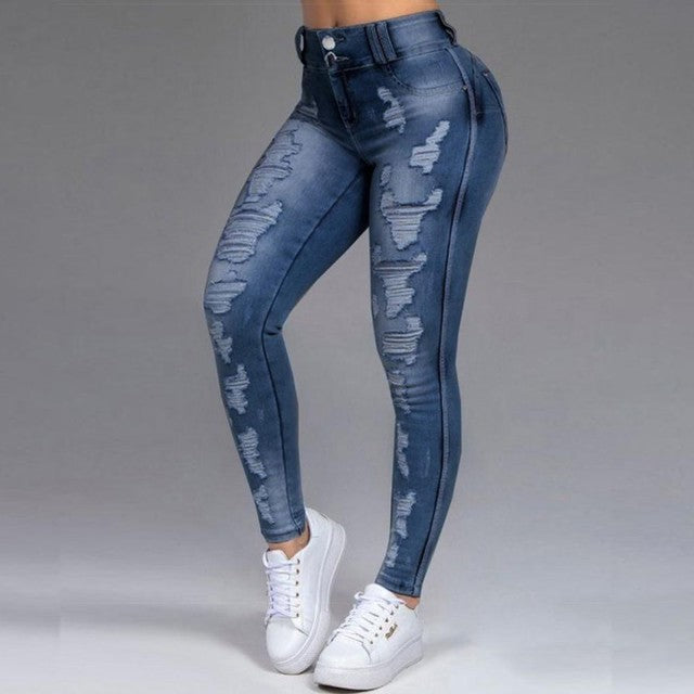 Mid-Waist Ripped Pencil Denim Jeans