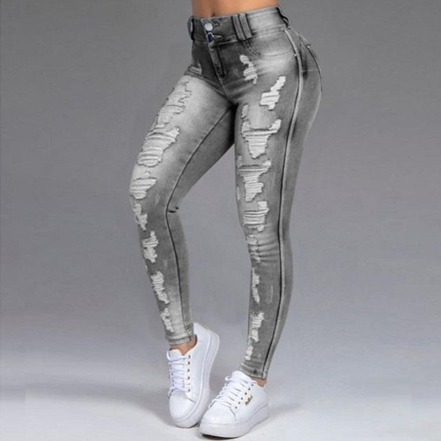 Mid-Waist Ripped Pencil Denim Jeans