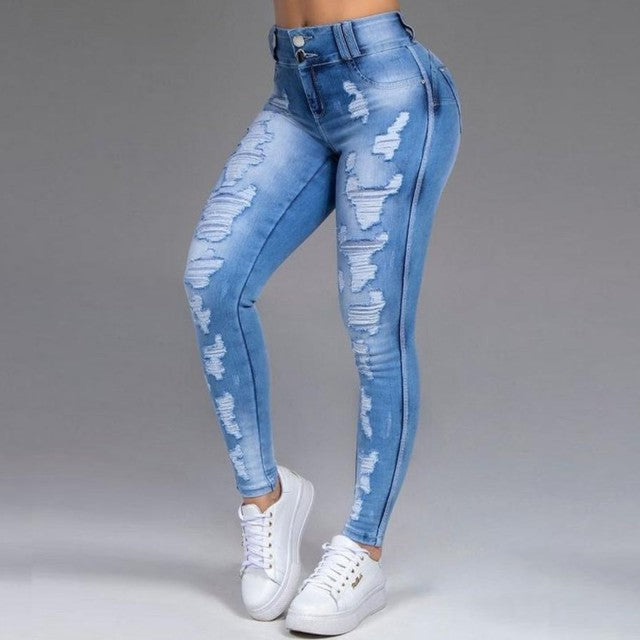 Mid-Waist Ripped Pencil Denim Jeans