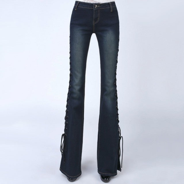 Vintage High Waist Bandage Lace Up Flare Jeans