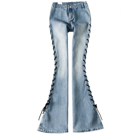 Vintage High Waist Bandage Lace Up Flare Jeans
