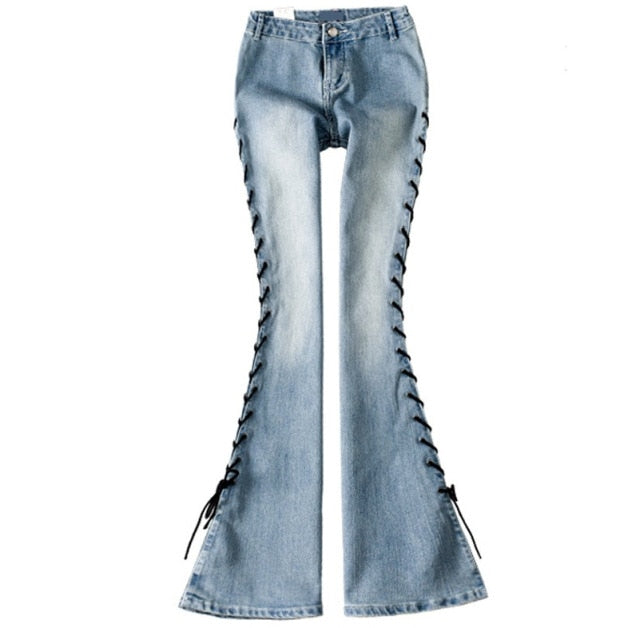 Vintage High Waist Bandage Lace Up Flare Jeans
